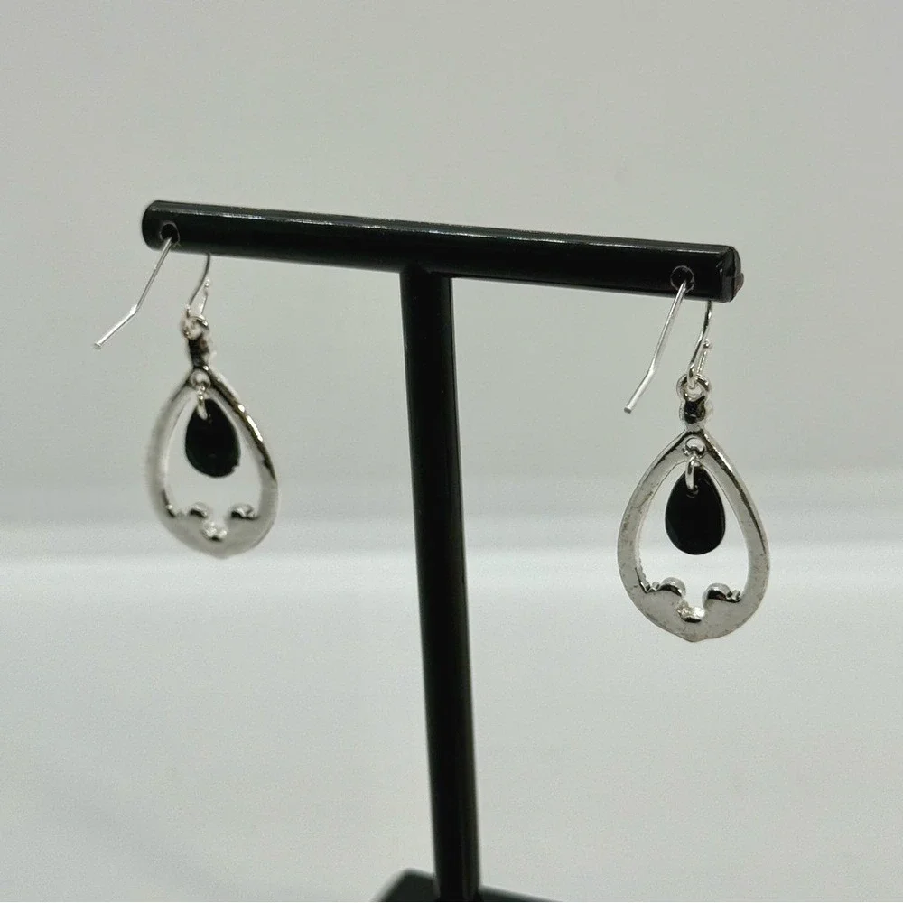 Ear‎ Sense Silver Tone Black Teardrop AB Rhinestone Hypoallergenic Earrings NEW