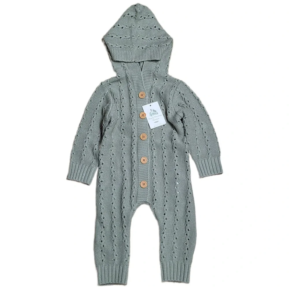 Mimixiong Baby Sweater Hooded Romper Baby Size 18-24 M Green‎ Button Front NWT