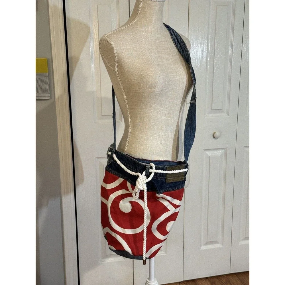 Handmade Crossbody Purse Tote Levis Lauren Denim jeans RED & White Swirl RARE