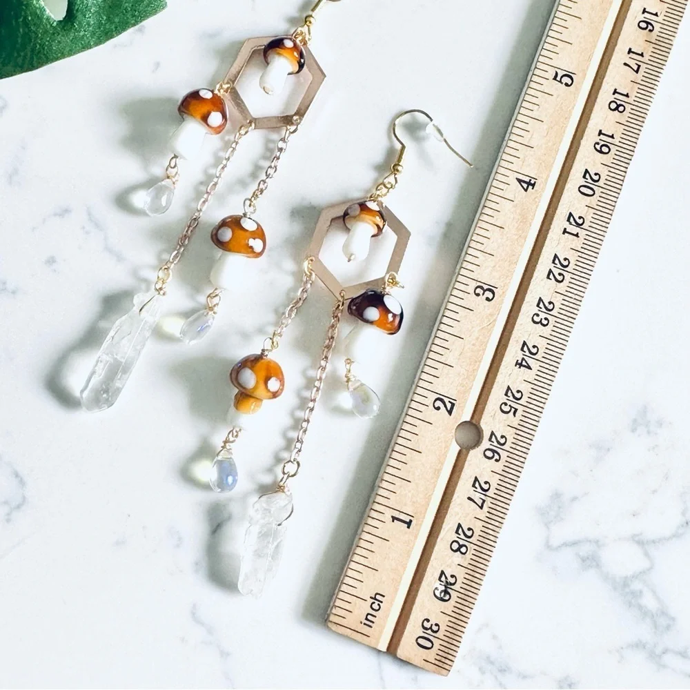 2/$30🌵 Mushroom Gold Chandelier Earrings Crystals Forest Hippie Boho Fairy NEW