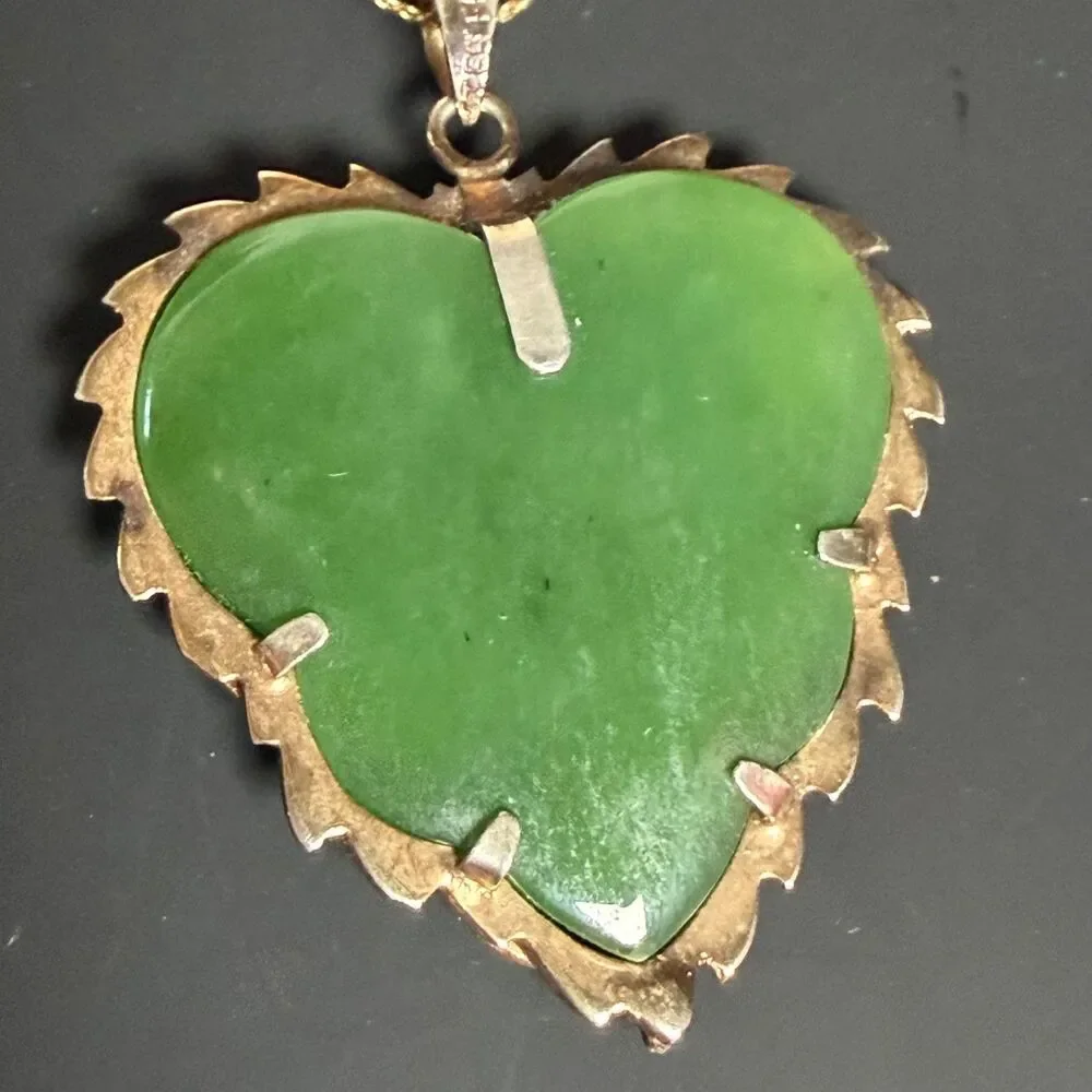Vintage Sterling Silver Green Stone Leaf Heart Pendant Necklace 24