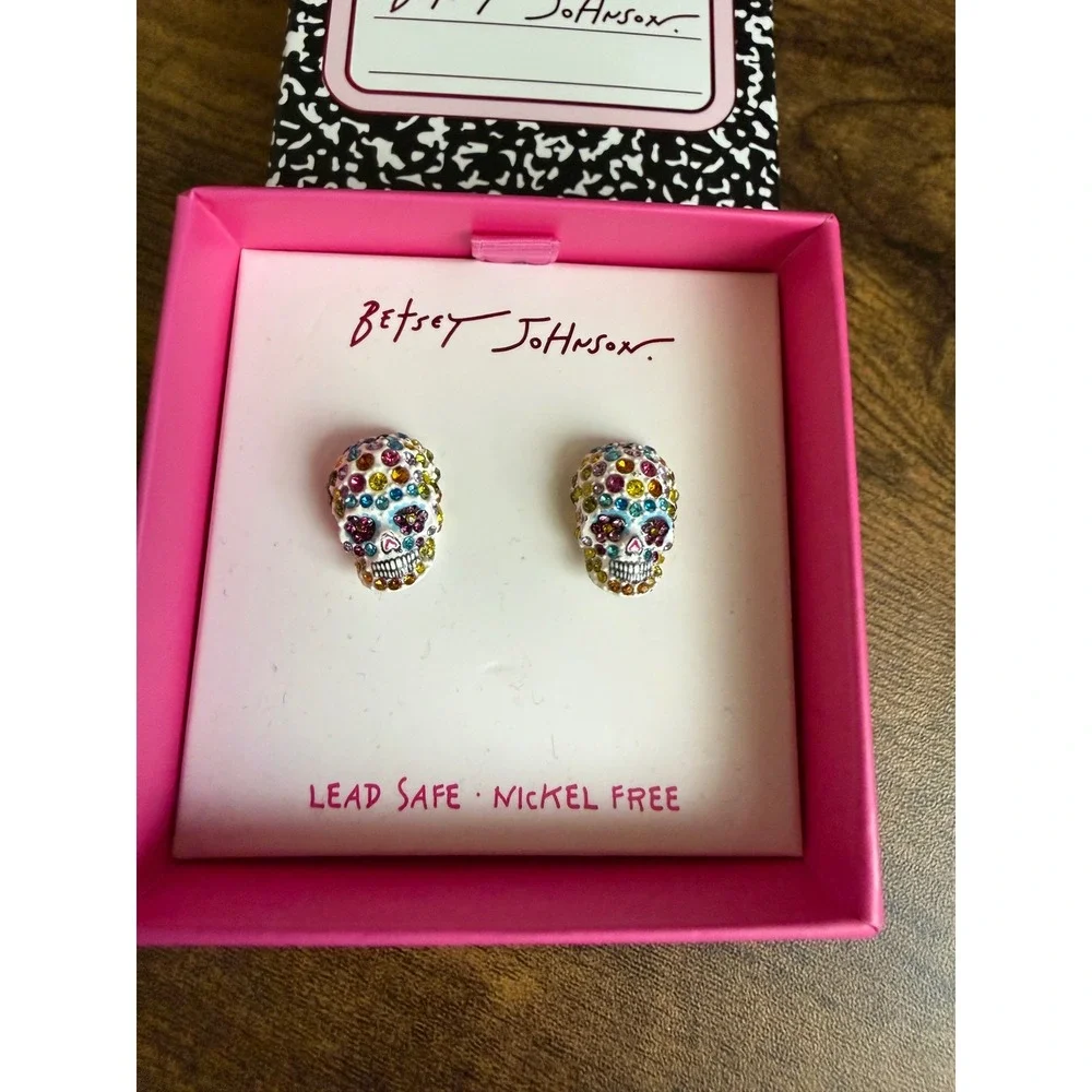 Betsey Johnson Rhinestone Sugar Skull Stud Earrings Day of the Dead NIB