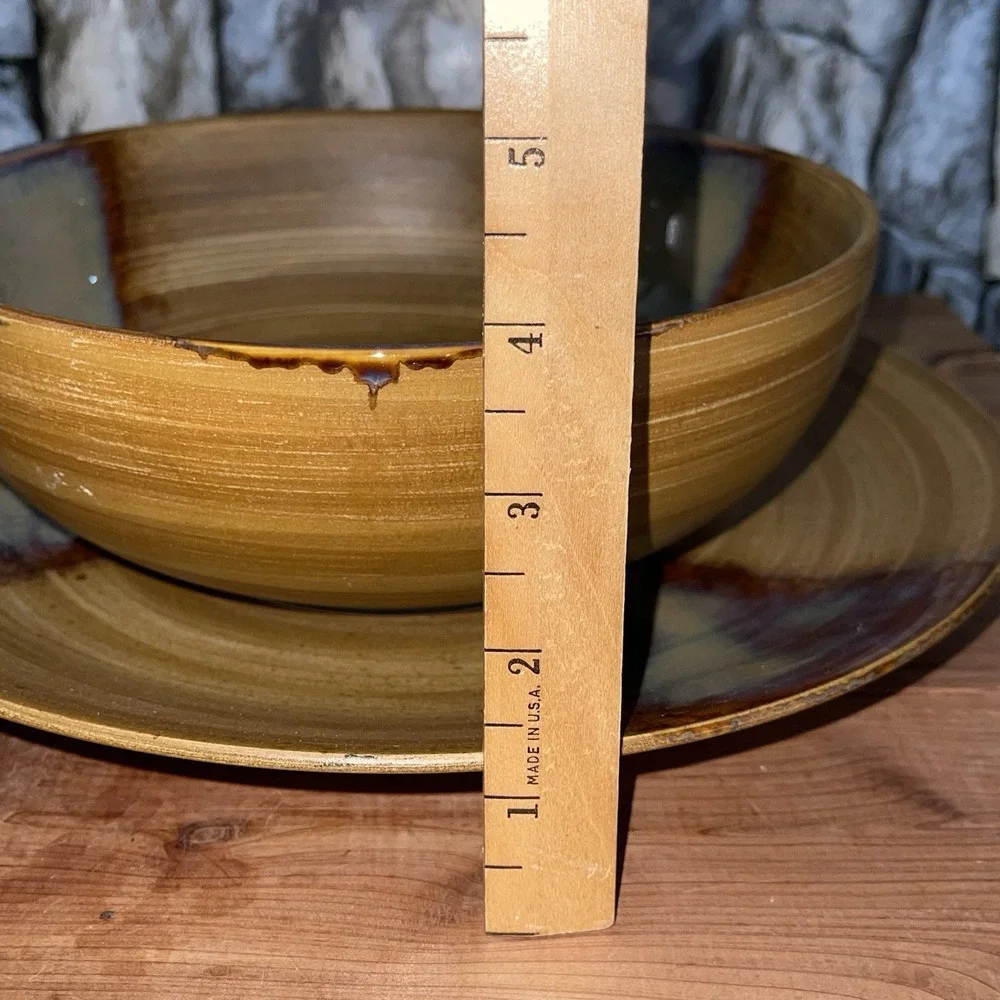 SET OF 2 SANGO SPLASH 4951 BROWN TAN DRIP GLAZED STONEWARE Plate & Bowl