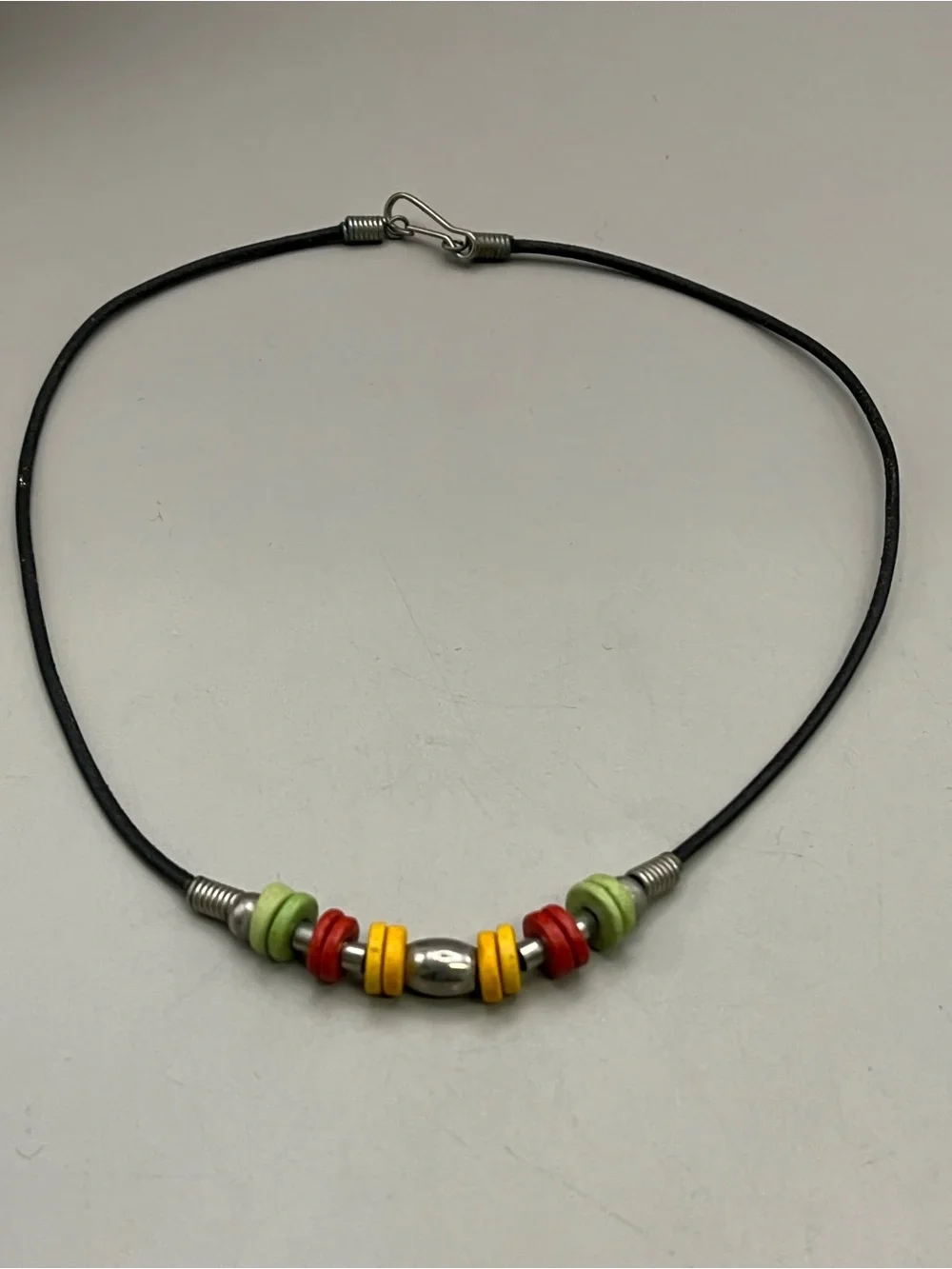 Vintage Modernist Colorful Disc Bead Necklace Black Cord Silver Tone 90s Y2K