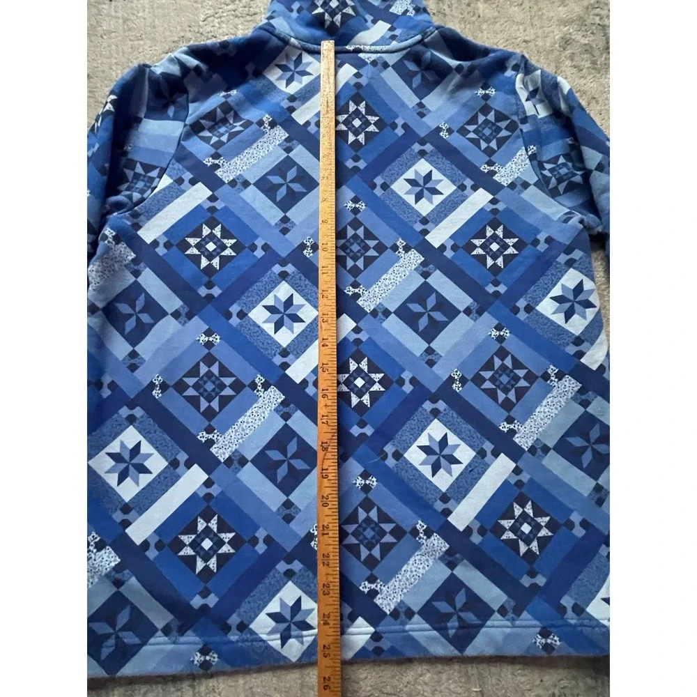 Lands' End Serious Sweats Women's L 14/16 Blue 1/4 Zip Geometric Pullover‎