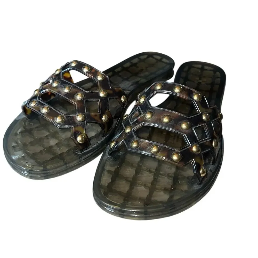 Vince Caputo Tortoiseshell Jelly Slide Sandals Studs Carron Gold Brown women's 7