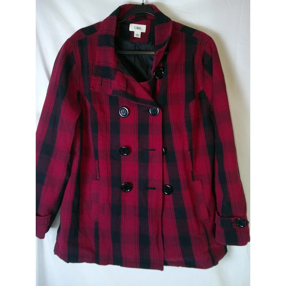 Cato Womens Plaid Double Breasted Button Up Coat Jacket Red Black Size L‎