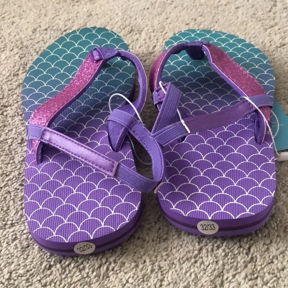 Warelves Flip Flops 32/33 little kids size 13‎ 14 Fish Scale Mermaid Purple NWT