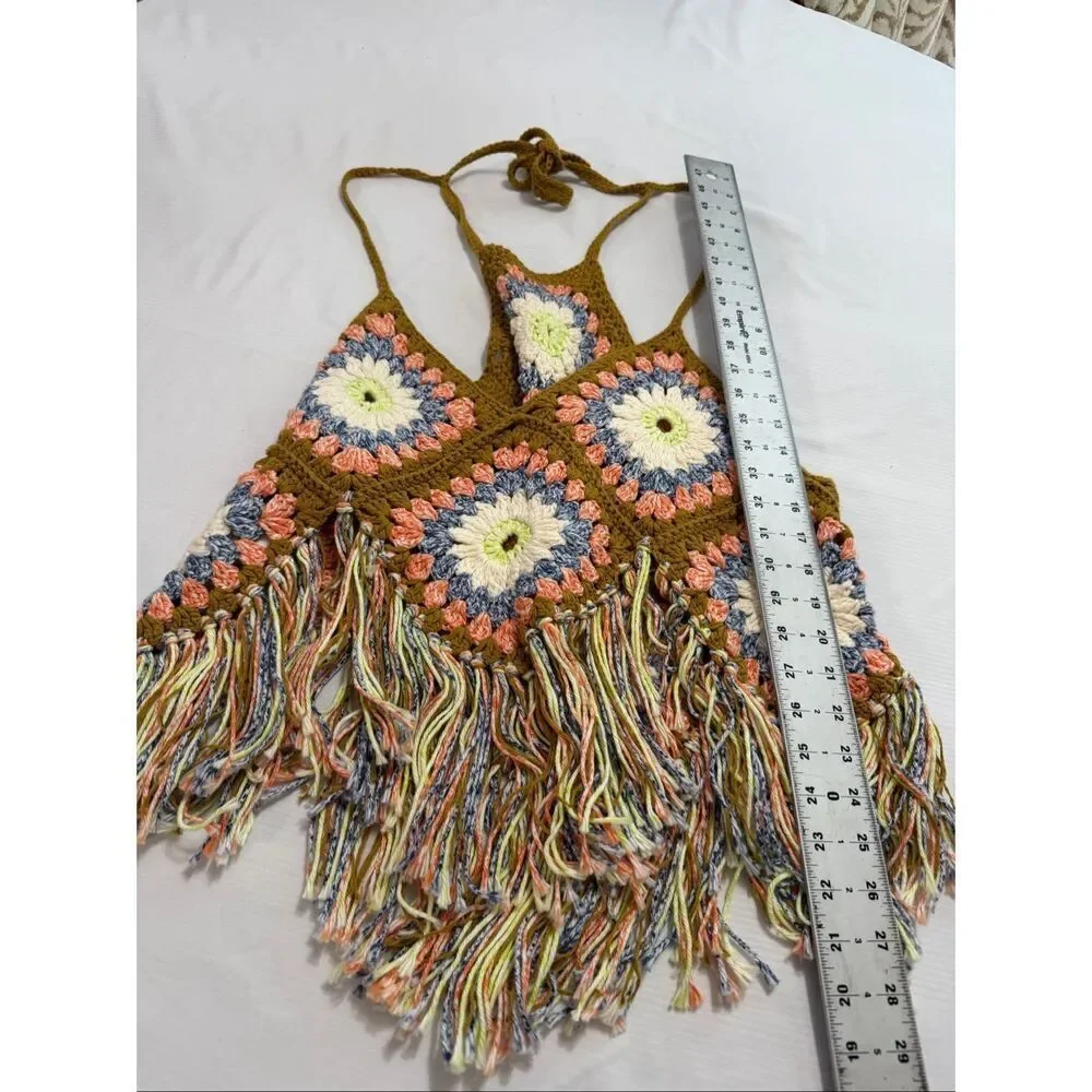 Free People Summer Of Love Crochet Hippie Boho Granny Square Tank Top Sz M/L