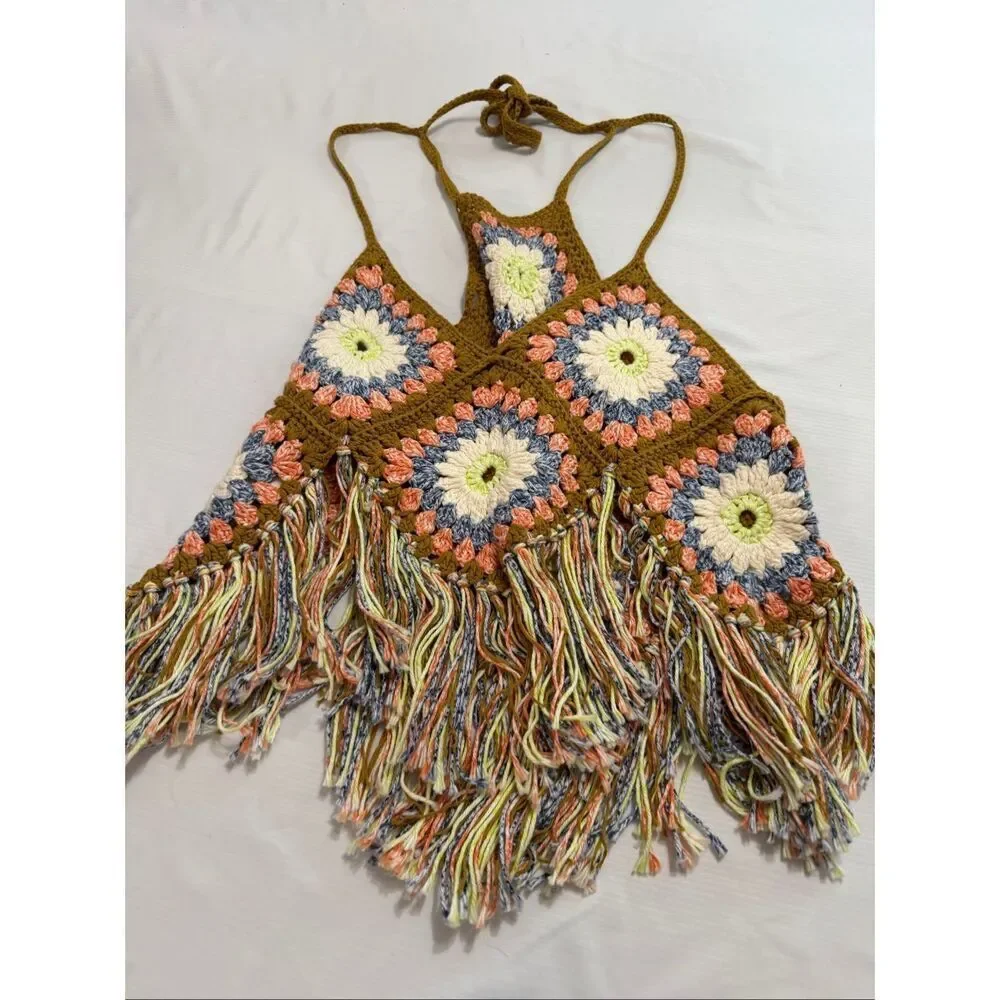 Free People Summer Of Love Crochet Hippie Boho Granny Square Tank Top Sz M/L