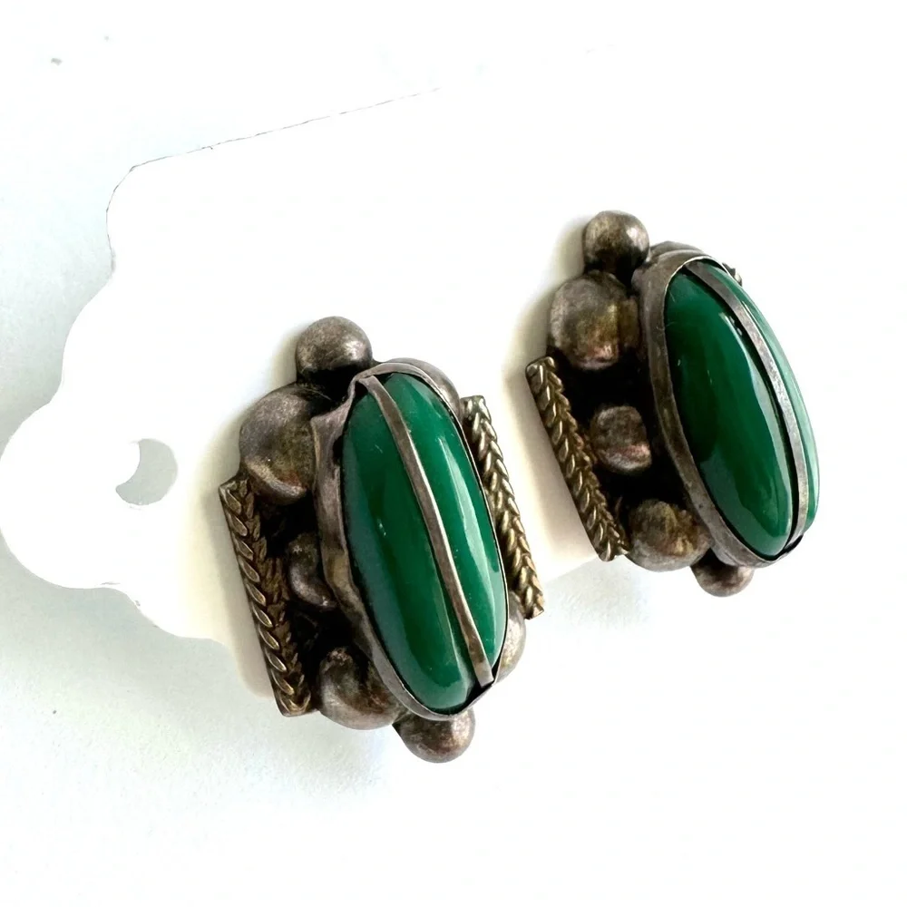 Vintage Green Onyx Earrings Sterling Silver Screw Back‎ 925 Alpaca Mexico Signed