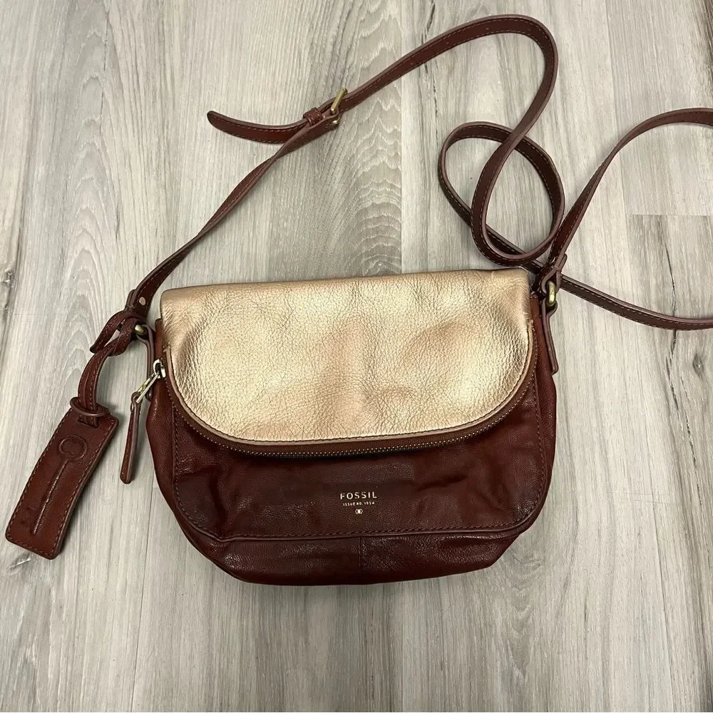 Fossil Purse Women’s Preston Brown & Gold‎ Leather Snap Fold-Over Flap Crossbody