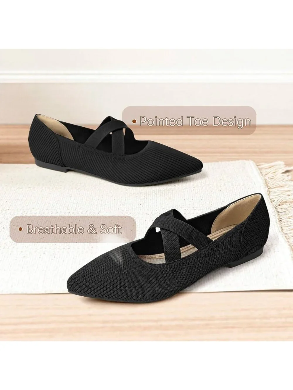 Women's Black Knit Mary Jane Flats Pointed Toe Comfortable Slip On Dressy Shoes