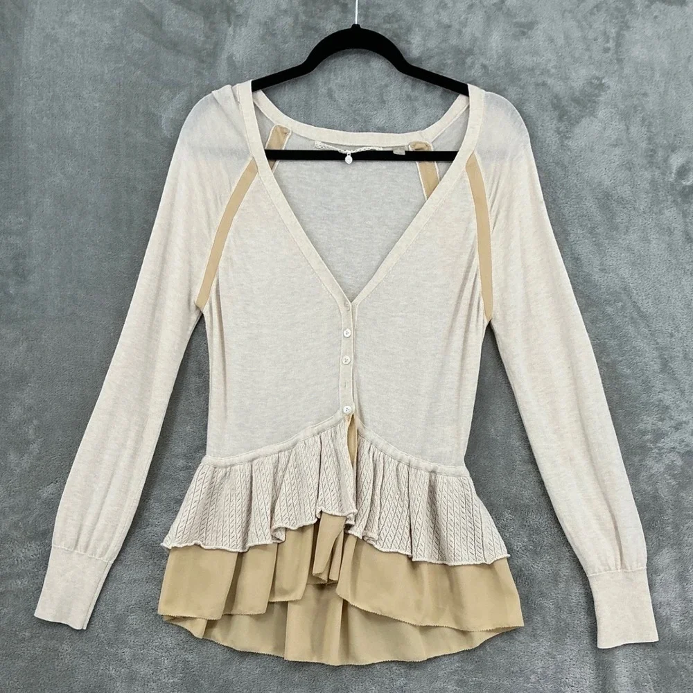 Knitted & Knotted Cardigan Womens Medium Peplum Button Wool Blend Coquette Beige