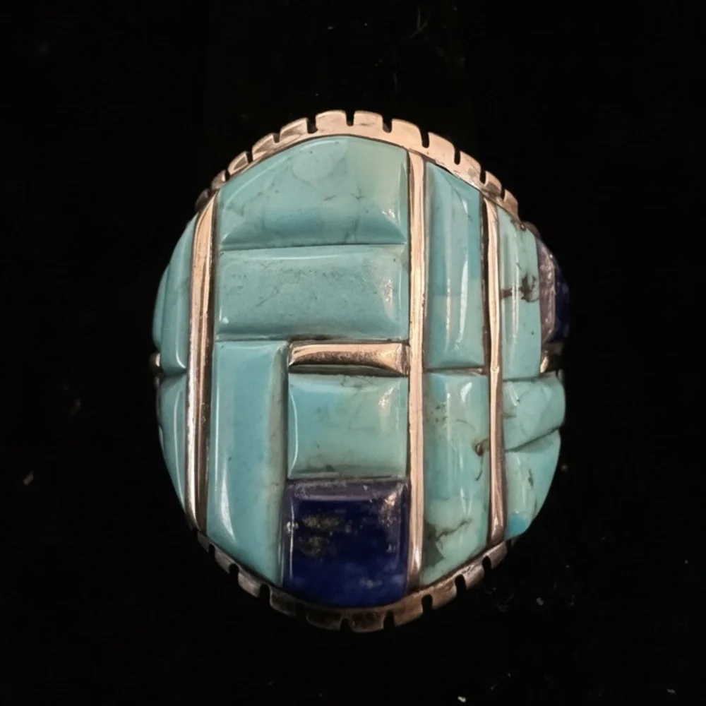 Turquoise & Lapis Inlay Statement Ring sterling Silver setting native design‎