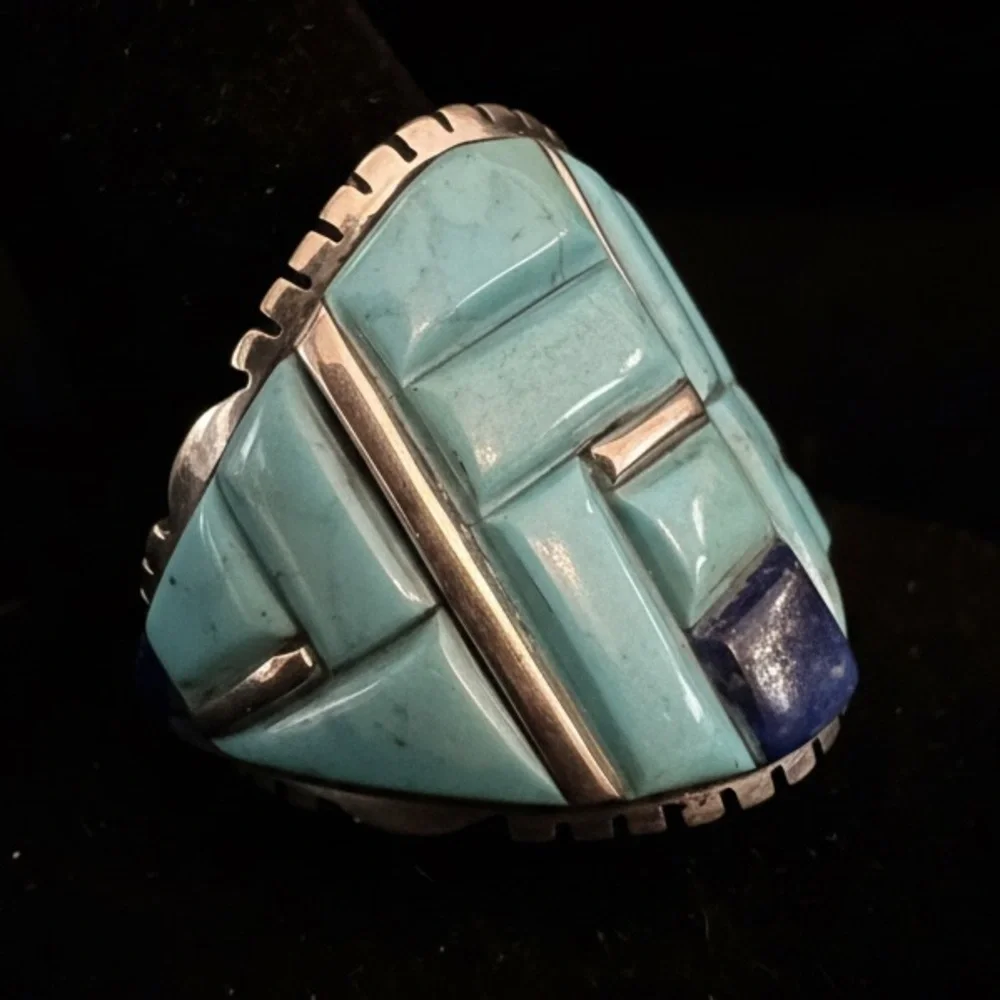 Turquoise & Lapis Inlay Statement Ring sterling Silver setting native design‎