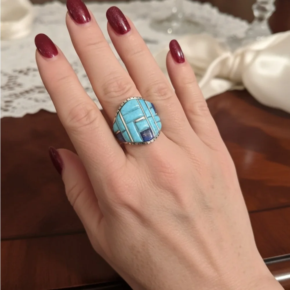 Turquoise & Lapis Inlay Statement Ring sterling Silver setting native design‎