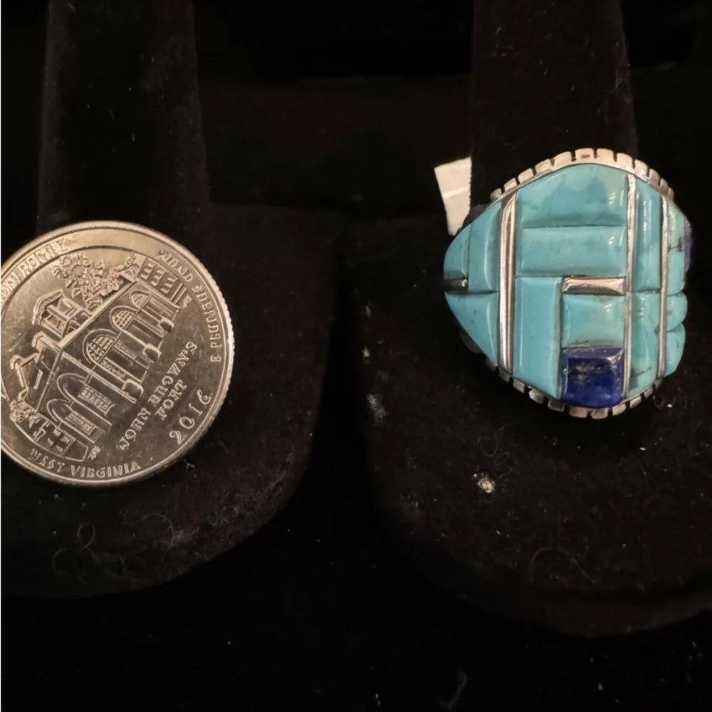 Turquoise & Lapis Inlay Statement Ring sterling Silver setting native design‎