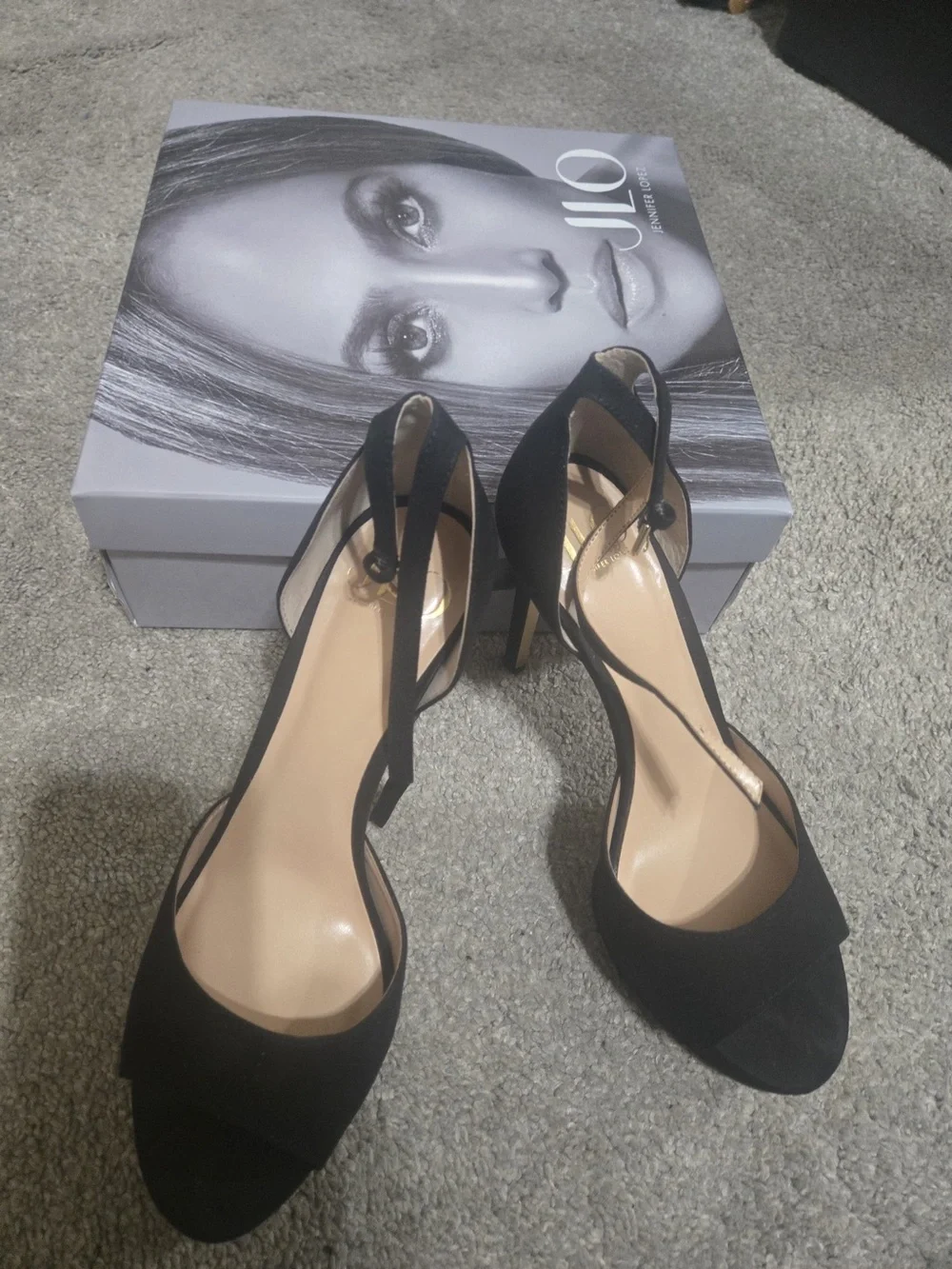 Jennifer Lopez Black Open-Toe Ankle Strap Stilettos