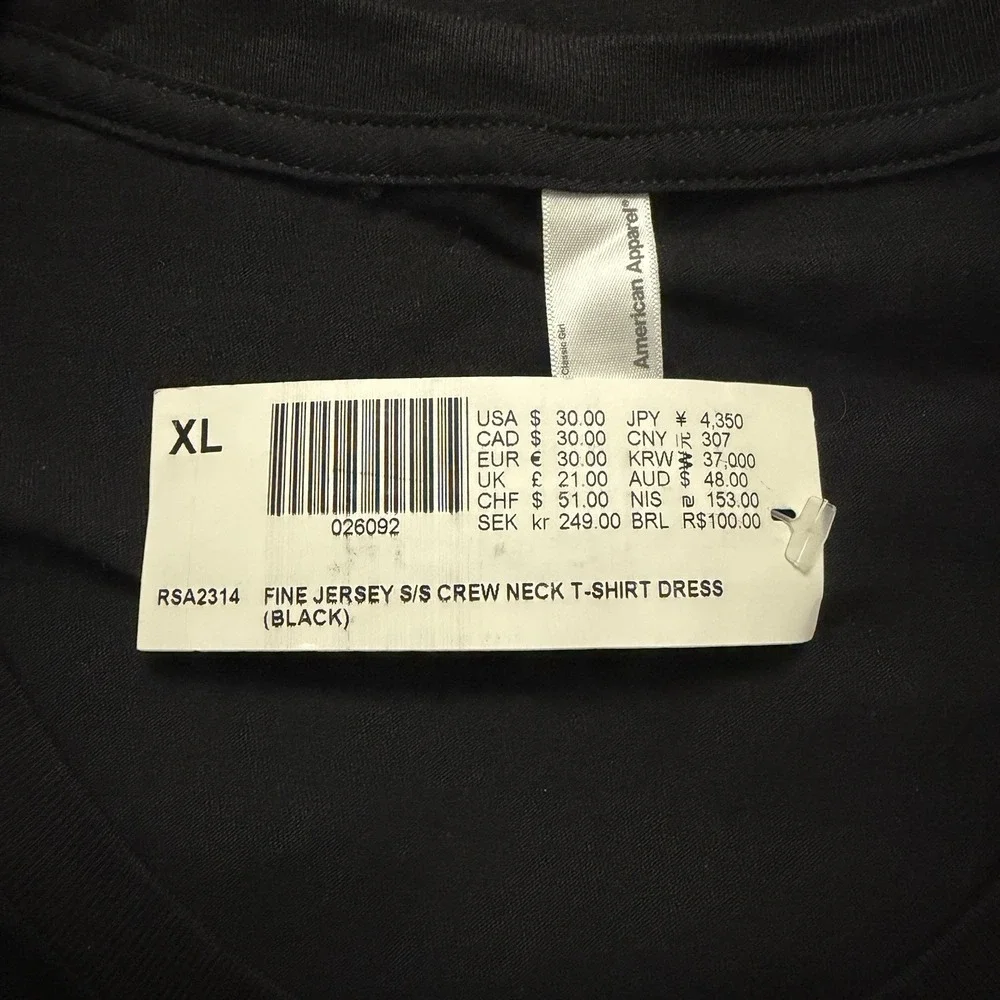 New American Apparel Black‎ Cotton Fine Jersey Crew Neck T-Shirt S/S Dress XL