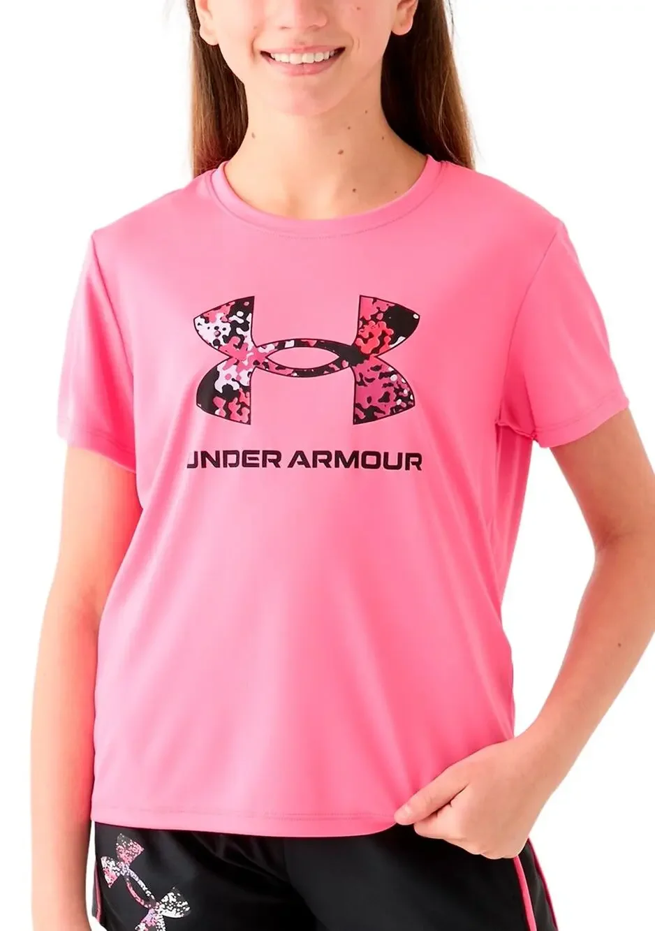 NWT Under Armour Girls Pink Graphic Logo Short Sleeve T-Shirt Youth Size Small