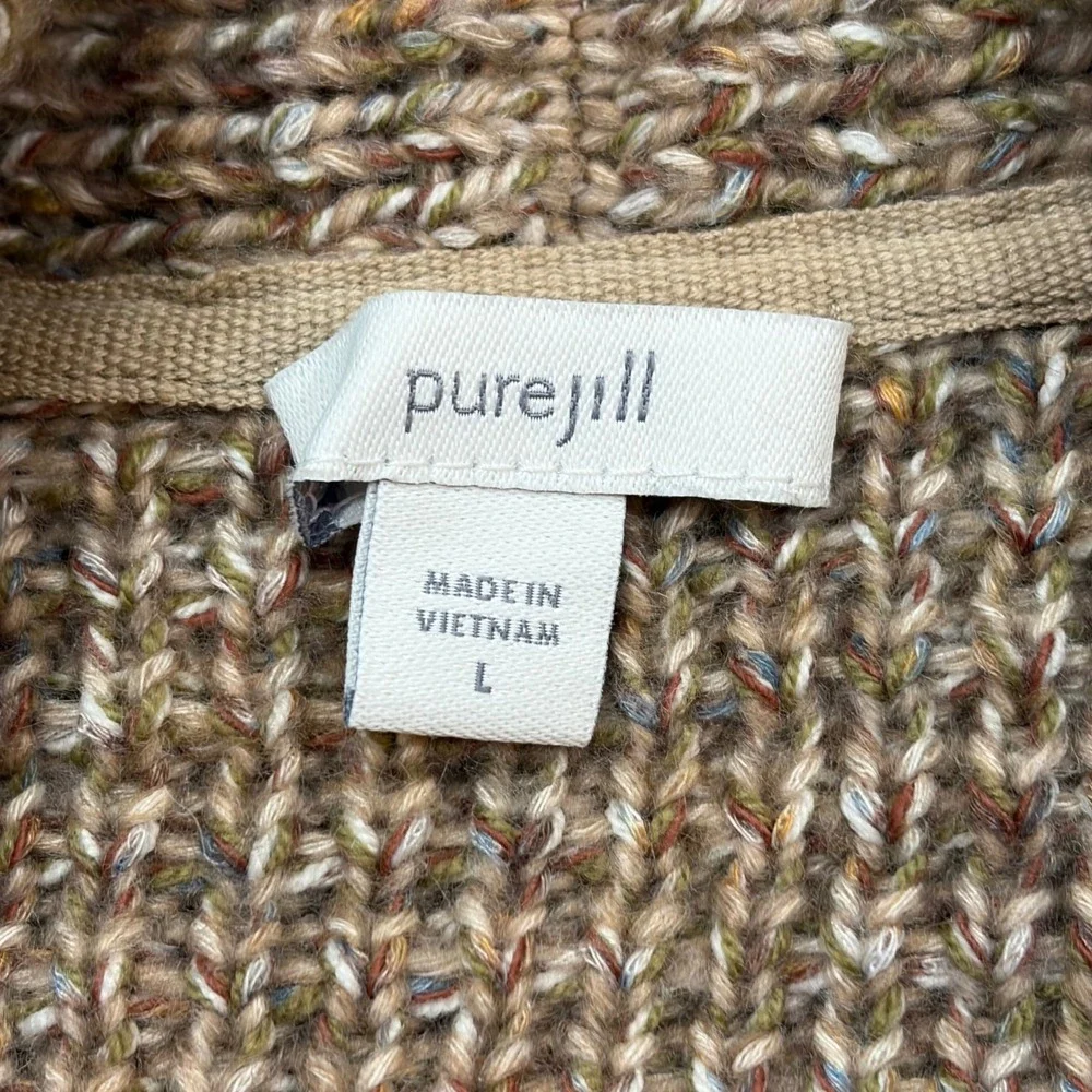 Pure Jill J Jill Marled Knit Cardigan Sweater Tan Brown Blue Open Front Large