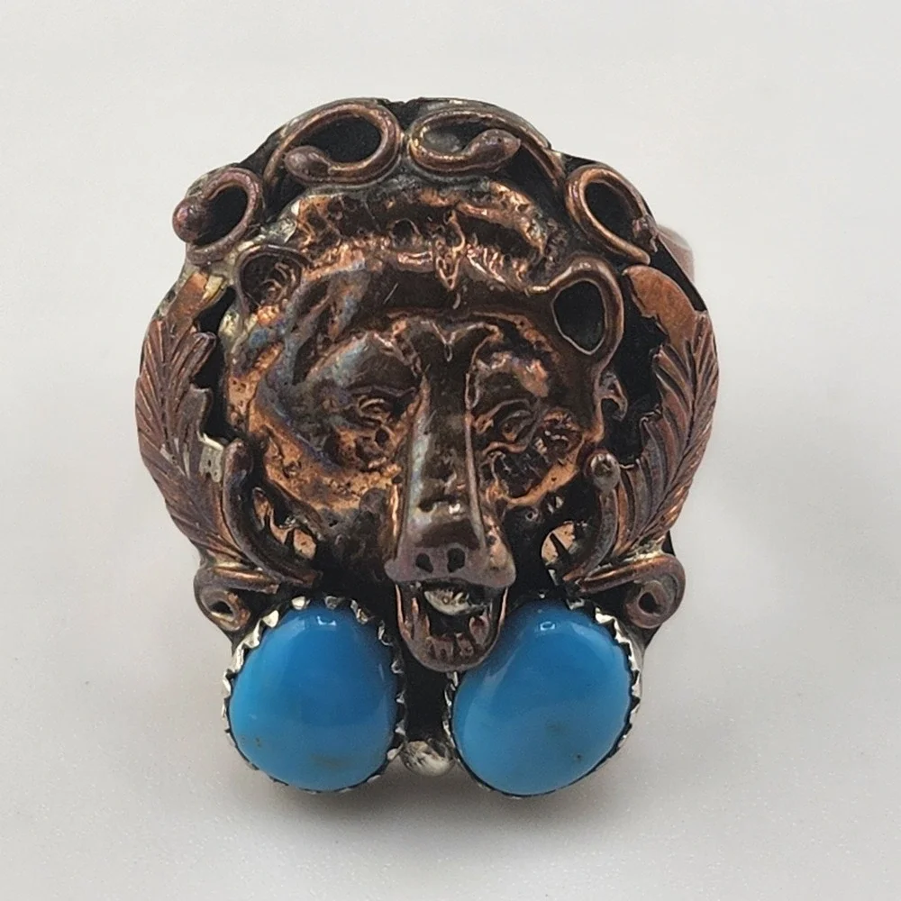Vintage Running Bear Sterling‎ Silver Copper Turquoise Bear Ring Size 9.5