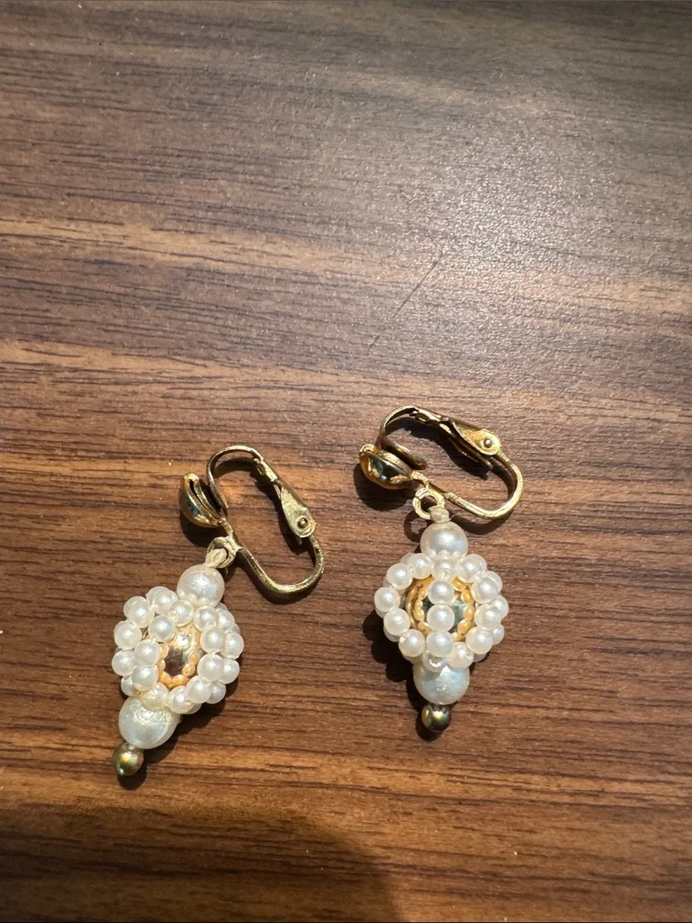 Vintage Pearl Cluster Drop Earrings - Cream and Gold Accents