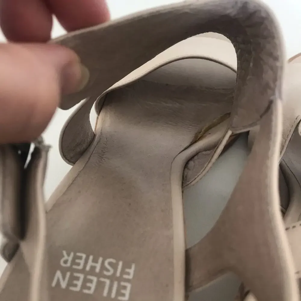 Eileen Fisher Womens Strappy Sandal‎ Heels Cream Beige Leather Slingback Sz 8