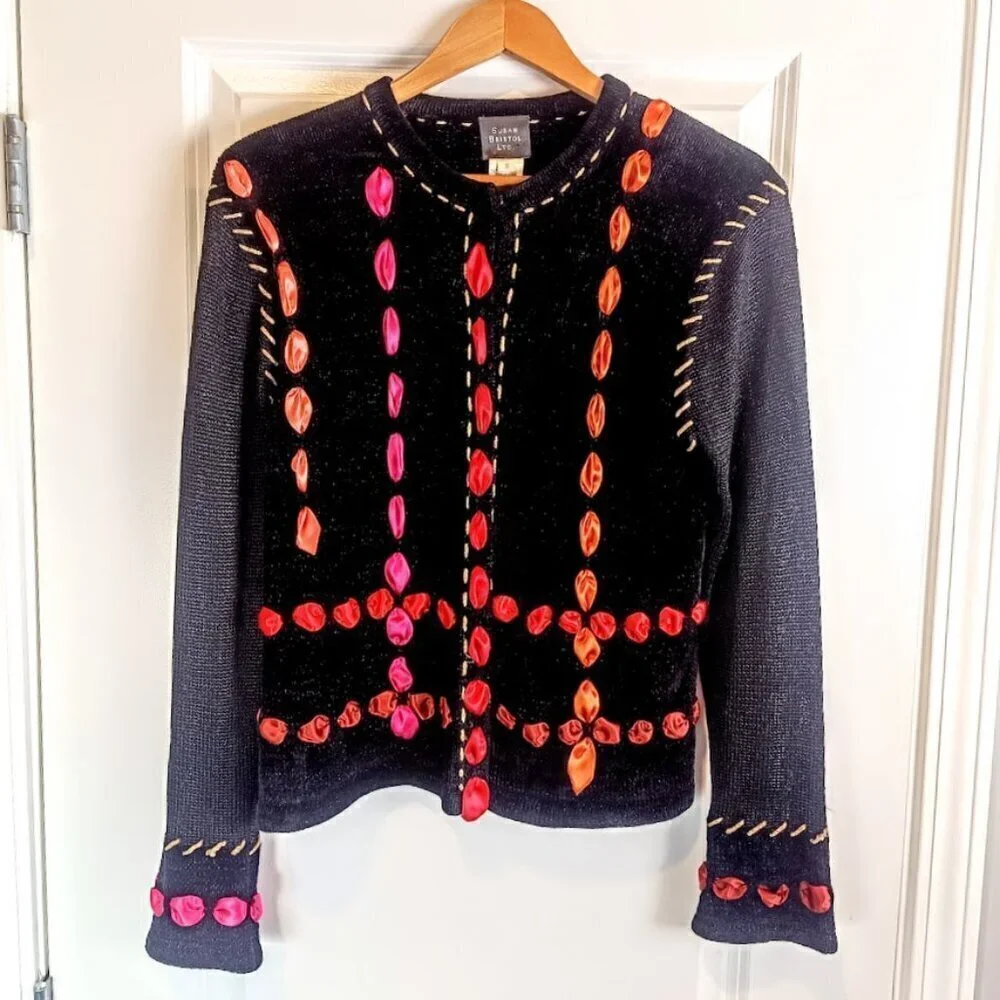 Vintage Susan Bristol Hand-Embroidered Ribbon Metallic Trim Cardigan