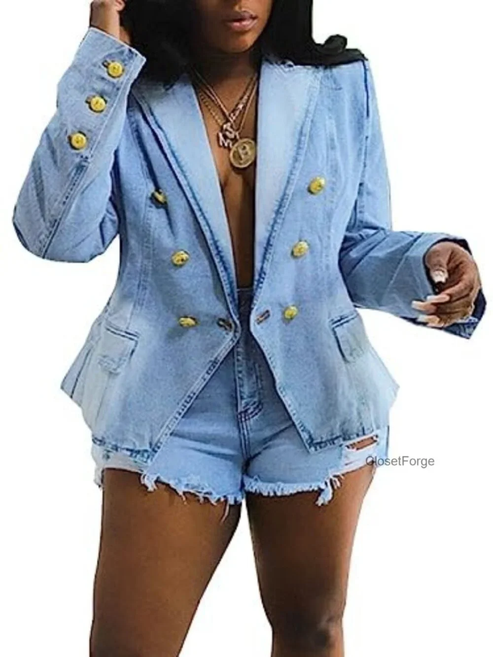 Denim Blazer Double Breasted Notch Collar Long Sleeve Business Casual