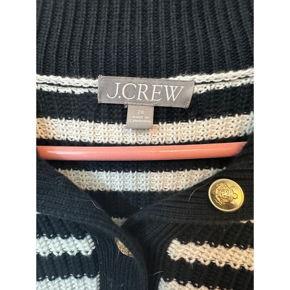 J.Crew Women Black White Striped Cotton Knit Button Collar Sweater 2X Gold Crest