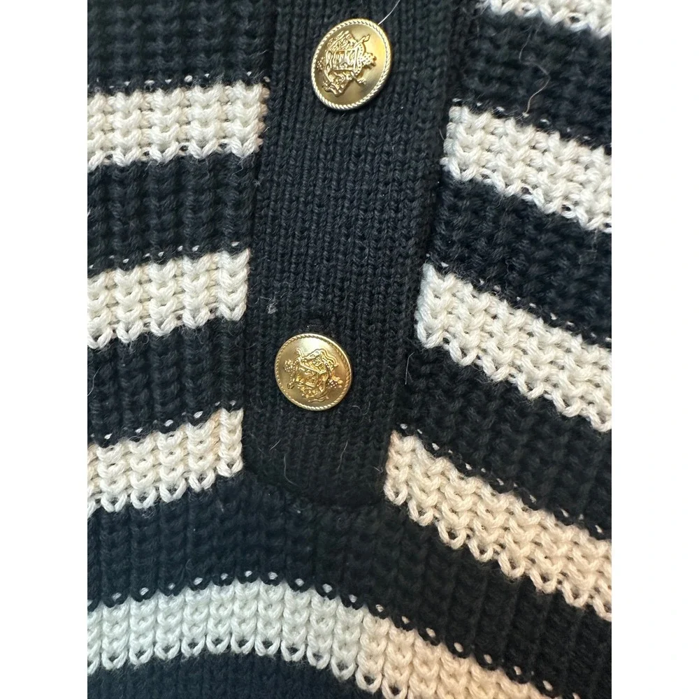 J.Crew Women Black White Striped Cotton Knit Button Collar Sweater 2X Gold Crest