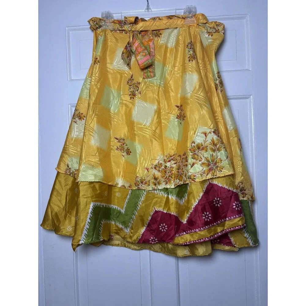 Kariza Wrap Skirt Tie Waist Layered Multicolor Yellow Mix Print Art One Size