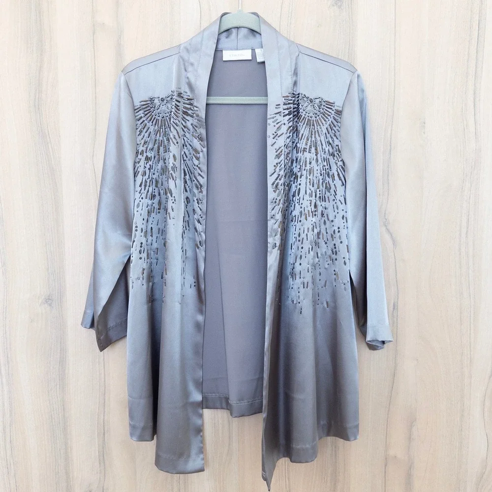 Chicos Womens Beaded Sunrise Jacket Size‎ M Silver Open Front Quiet Luxury Chic