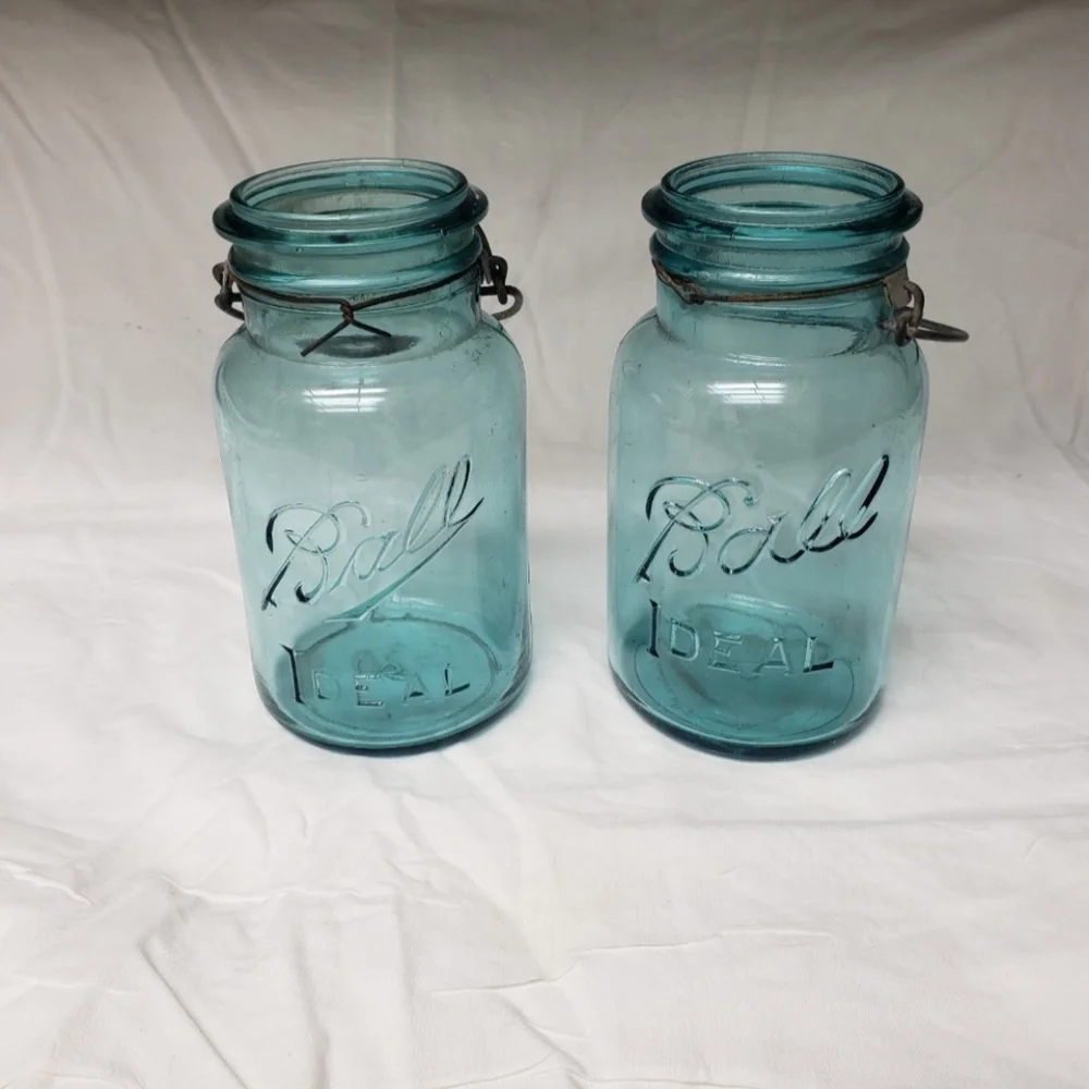 Vintage Ball Blue Glass Ideal Mason Jar Set Of 2 Jars