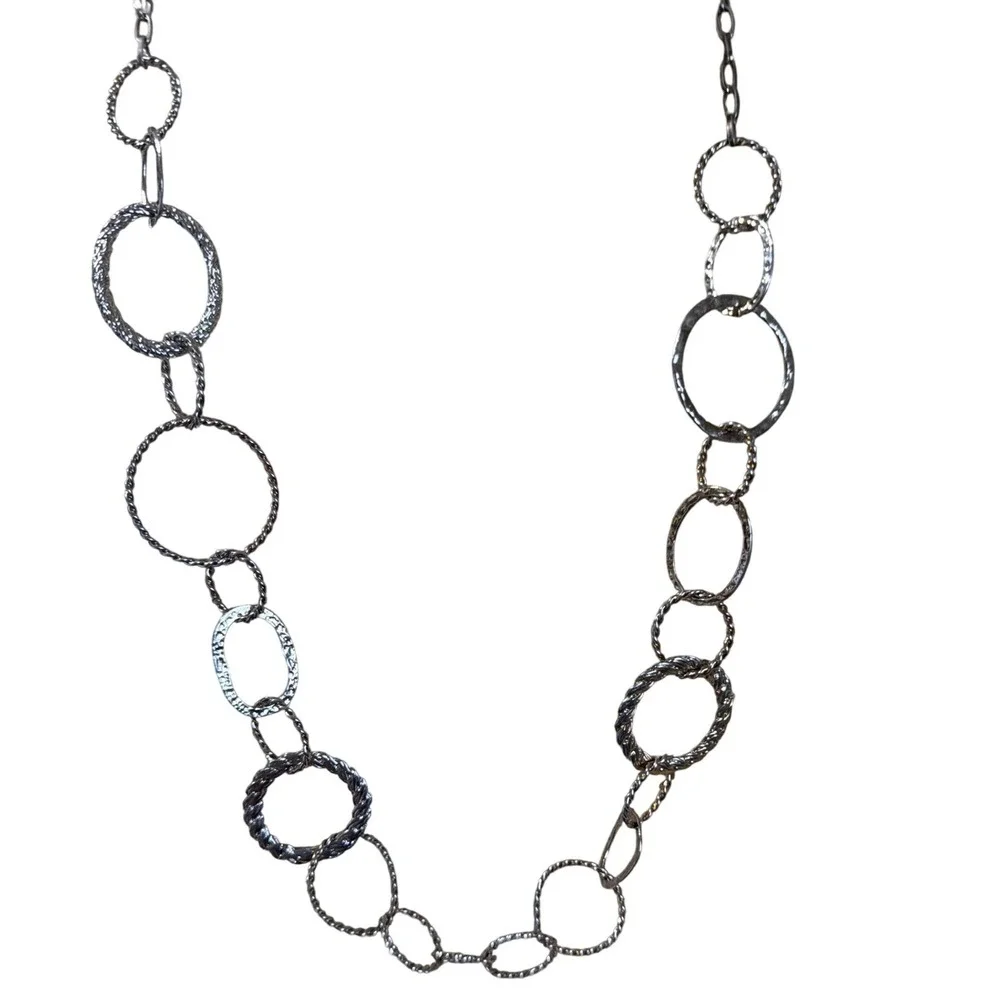 Silver Tone Textured Hammered Multi Circle Ring Long Link‎ Statement Necklace