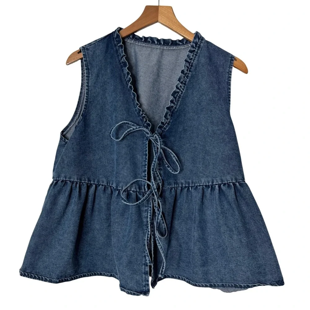 Blue Denim Ruffle Bottom Vest Tie Front Tank Top Cottagecore Boho Womens Large