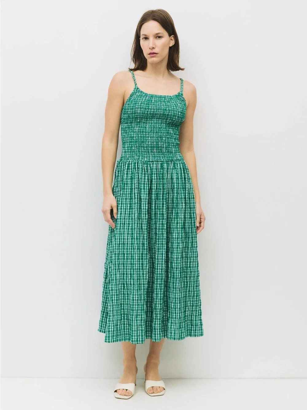 Smocked Green Midi Dress with Adjustable Spaghetti Straps