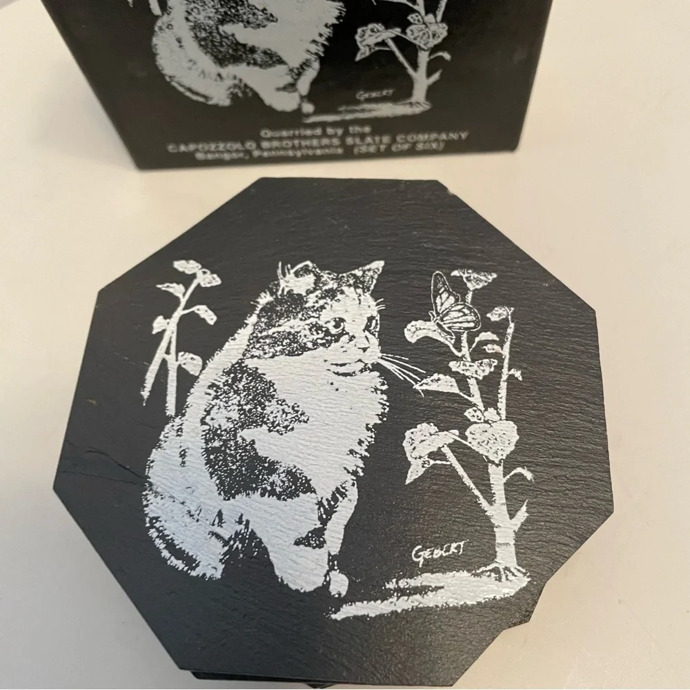 Set of 6 Slate Coasters‎ Cat Butterfly Quarried by Capozzolo Brothers Bangor PA
