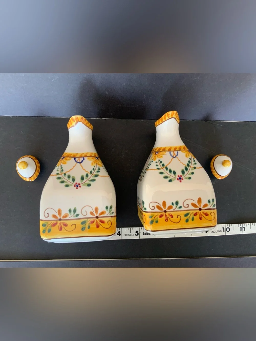 Handpainted Ceramic Oil & Vinegar Cruets Set with base tray, Portugal