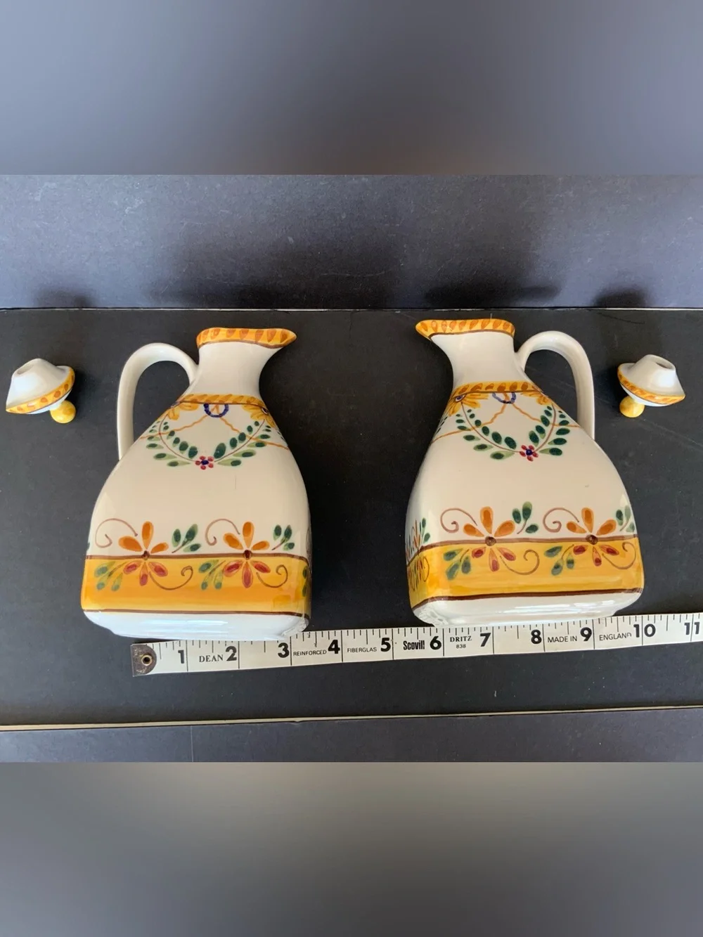 Handpainted Ceramic Oil & Vinegar Cruets Set with base tray, Portugal