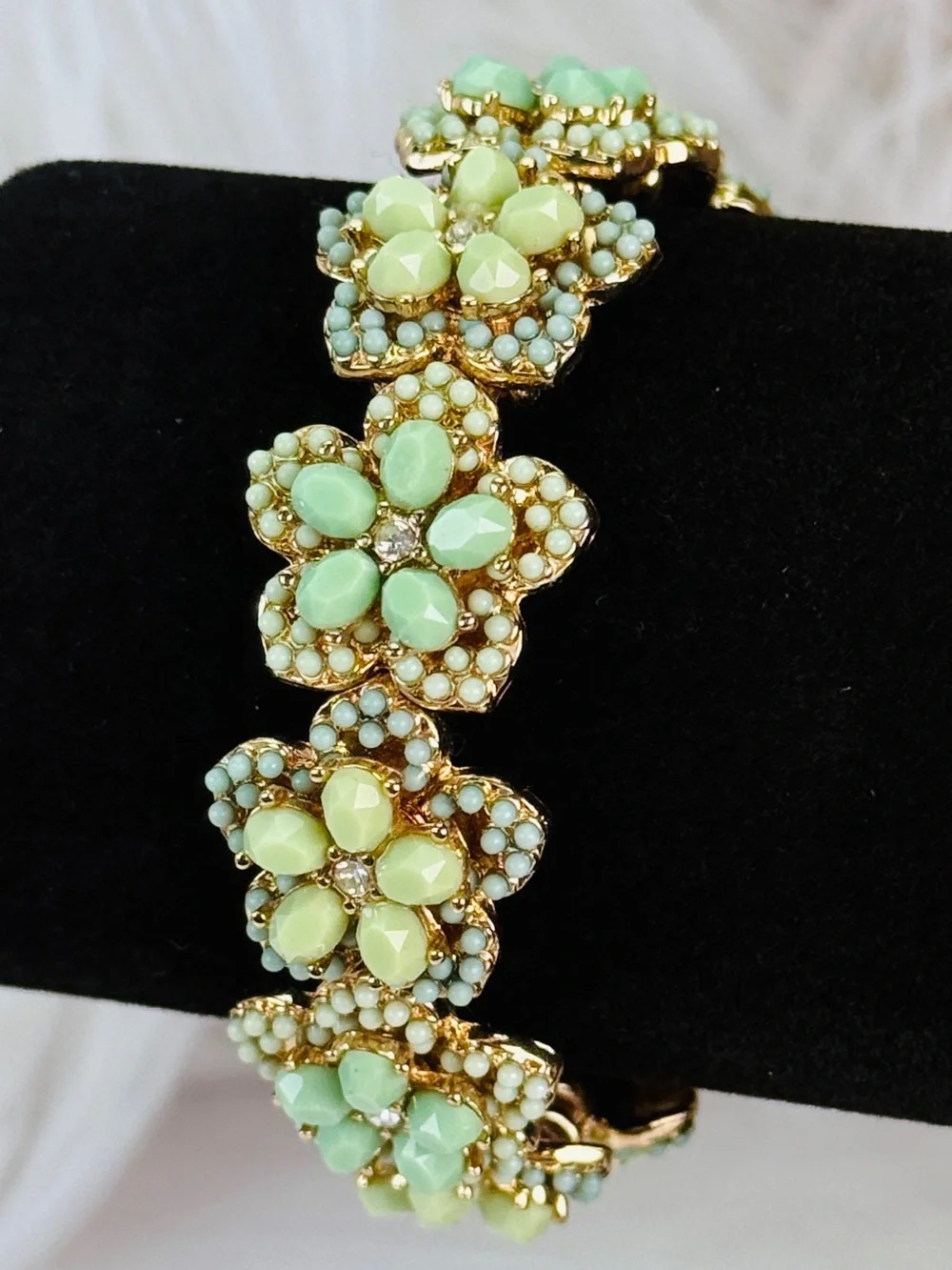 Vintage Goldtone and Green Floral Stretch Bracelet