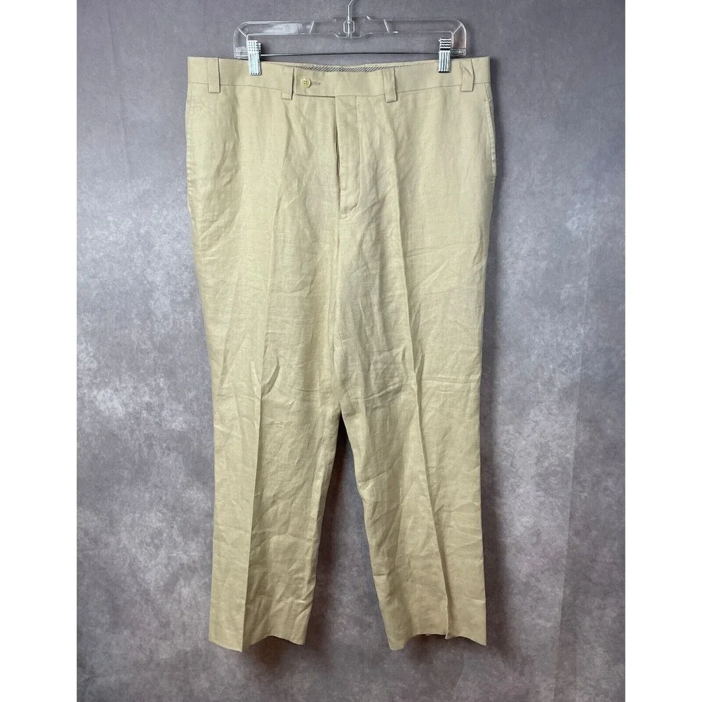 Calvin Klein‎ Pants Mens Size 36 100% Linen Beige Tan Flat Front Chino Trousers