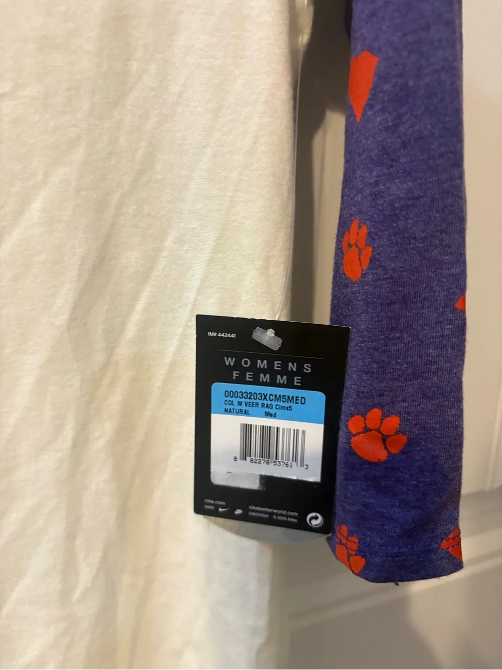 Clemson Nike Women's White Tee with Purple Raglan Sleeves and Orange Paw Prints