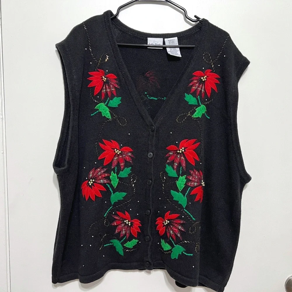 Vtg Bobbie Brooks Ugly Christmas Sweater Sz 24/26 Holiday Poinsettia Beaded Vest