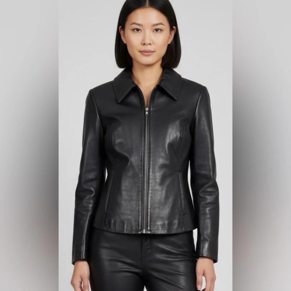 Vera Pelle Italian Leather Coat Womens Size M Black Smooth 70's Retro Matrix‎