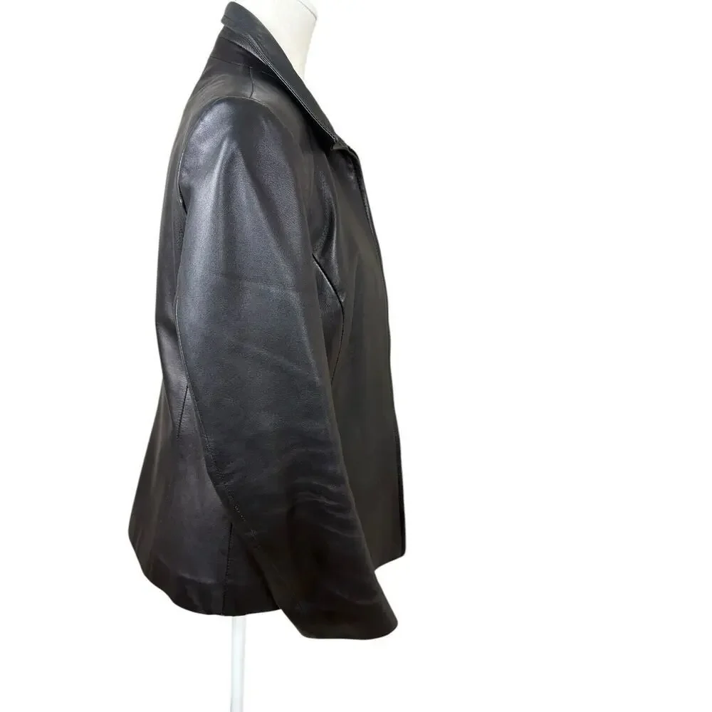 Vera Pelle Italian Leather Coat Womens Size M Black Smooth 70's Retro Matrix‎