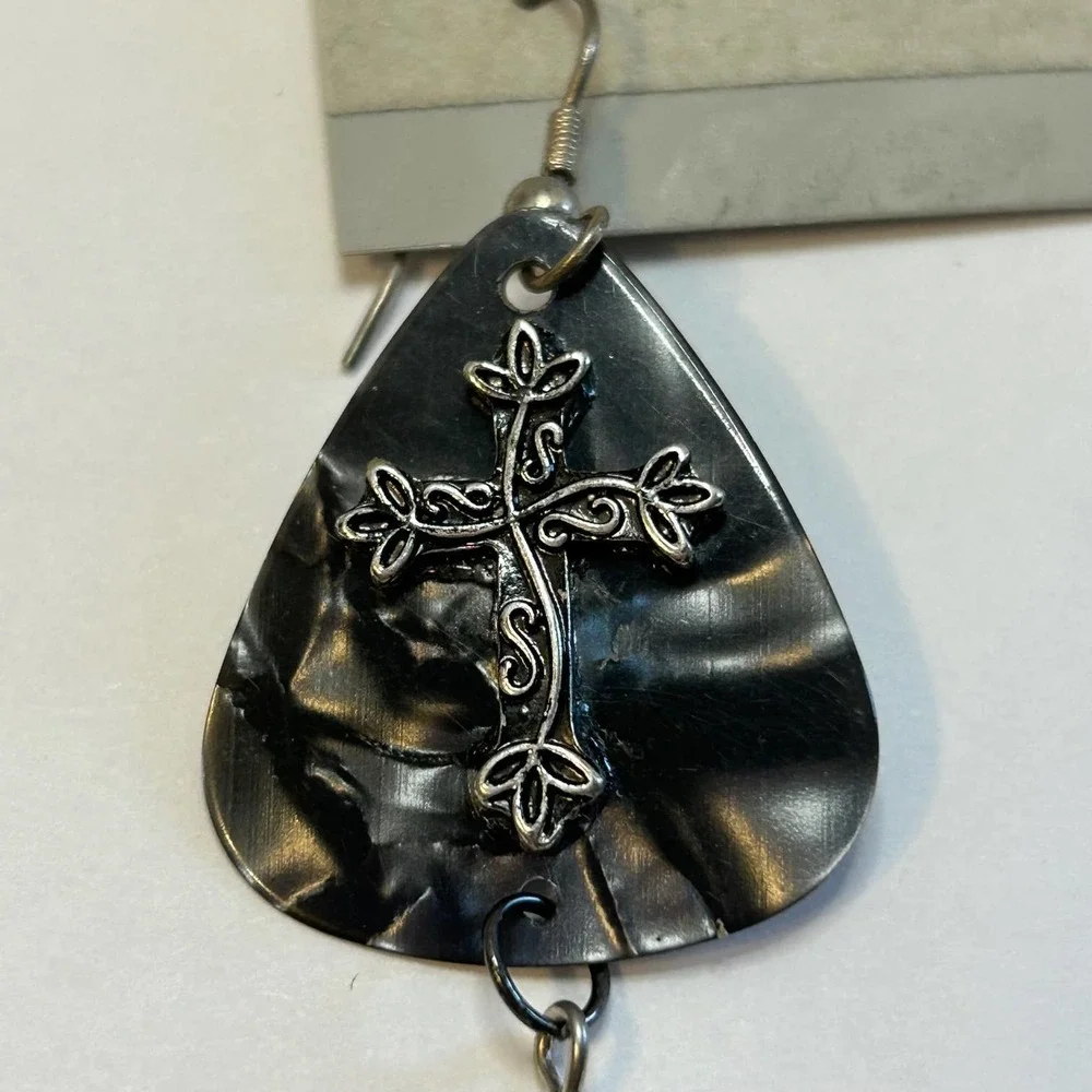 Black and Gray‎ Pearlescent Guitar Pick Earrings Handmade New