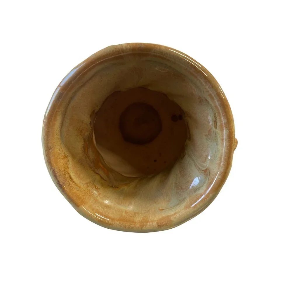 Vintage Brown & Tan Ceramic Vase With Swirled Handles &‎ Drip Glaze Finish